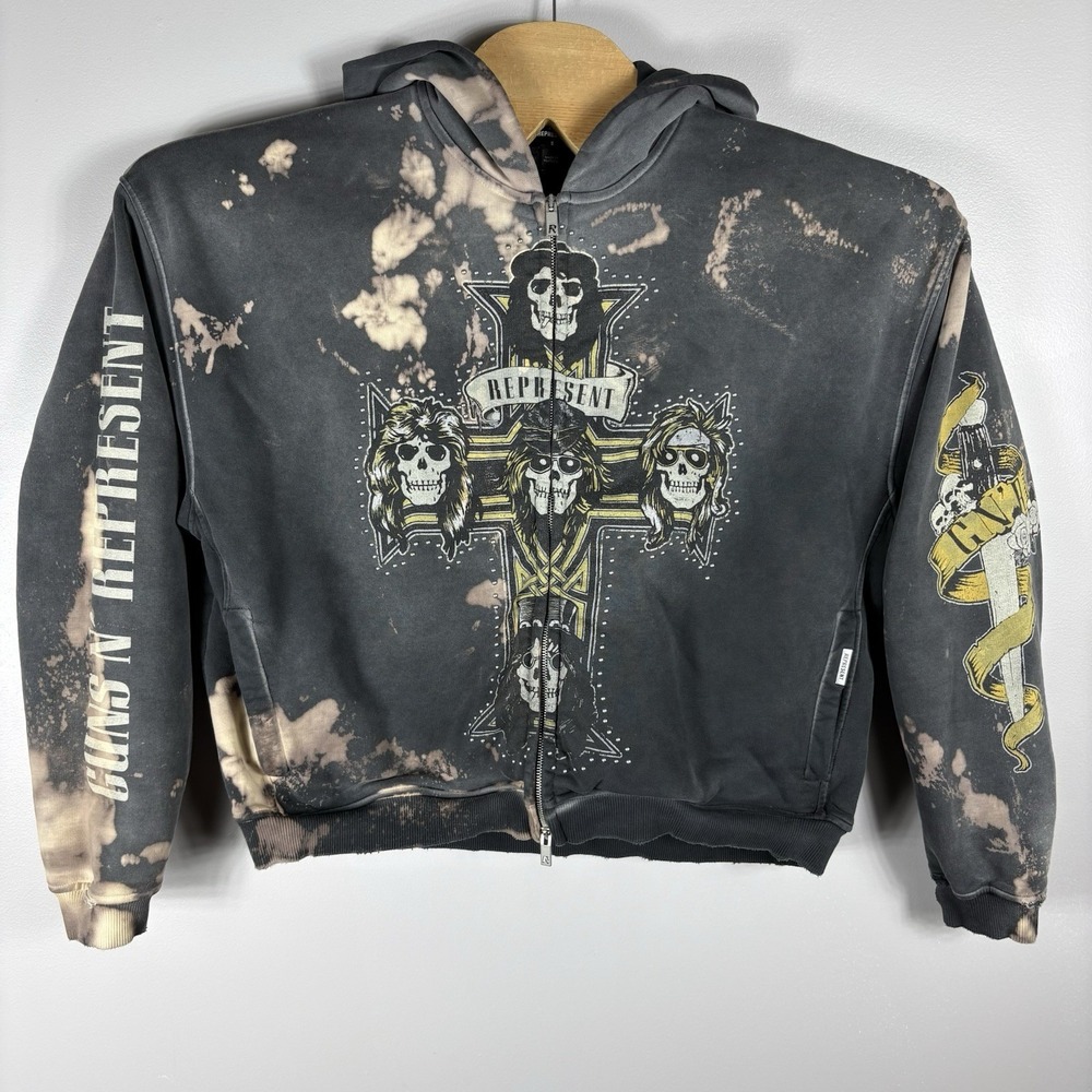 Represent Guns N Roses Small Stained Black Cross‎ Zip Through Hoodie Jacket